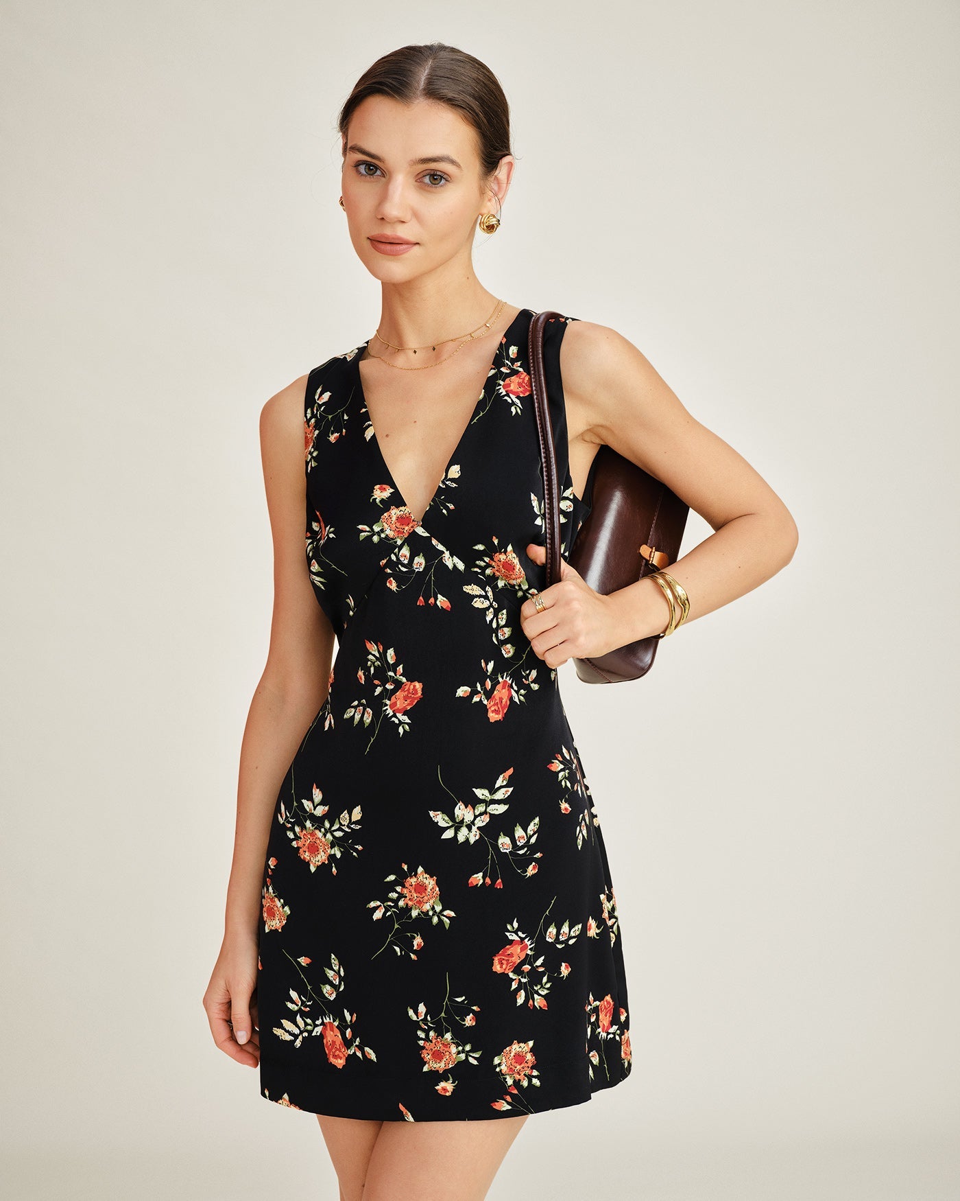 Floral A-Line Mini Dress in Black with V-Neck