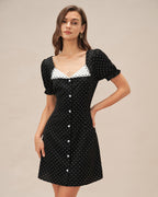 Polka Dot Mini Dress with V-Neck in Black