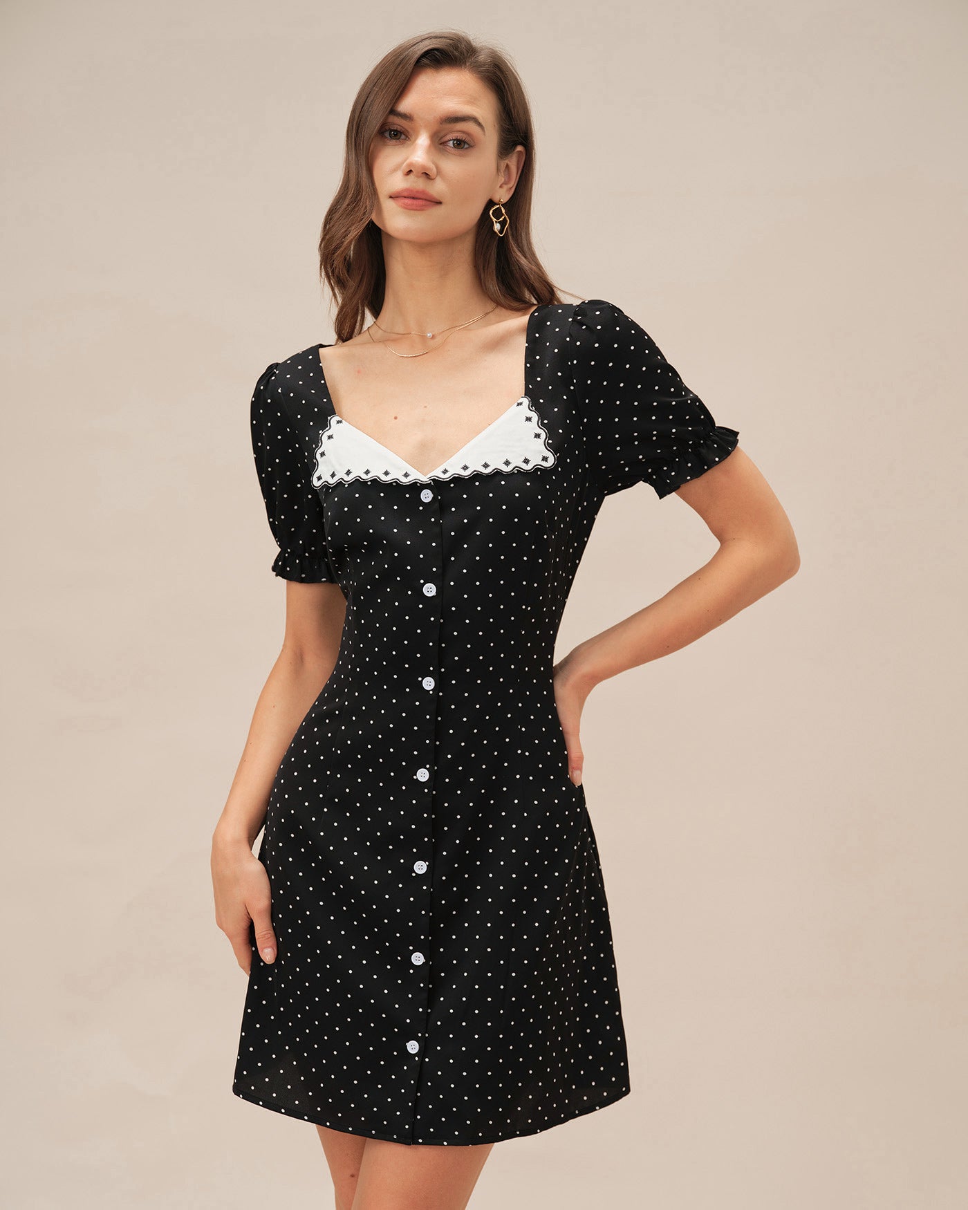 Polka Dot Mini Dress with V-Neck in Black
