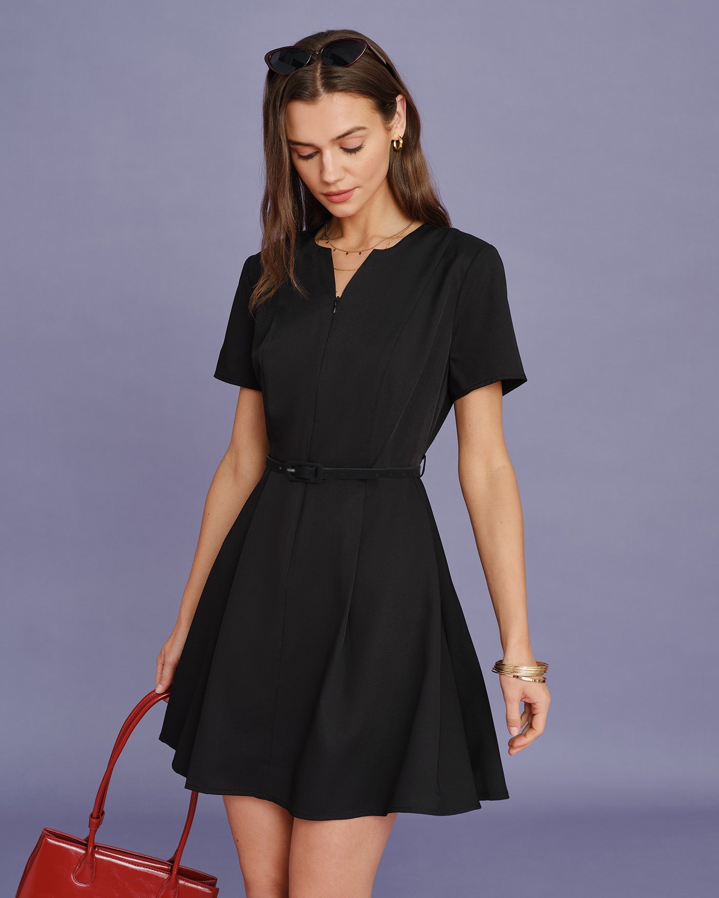 Ruched Mini Dress with Black Belt