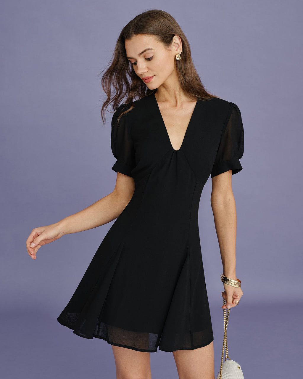 Black Mini Dress with V-Neck and Puffed Sleeves