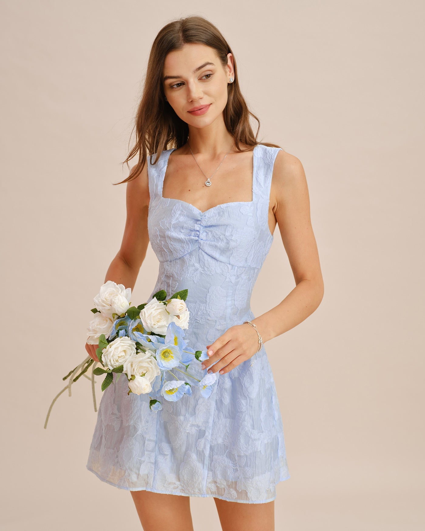 Jacquard Mini Dress with Blue Sweetheart Neckline