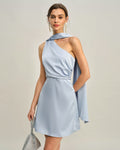 One-Shoulder Satin Mini Dress in Blue