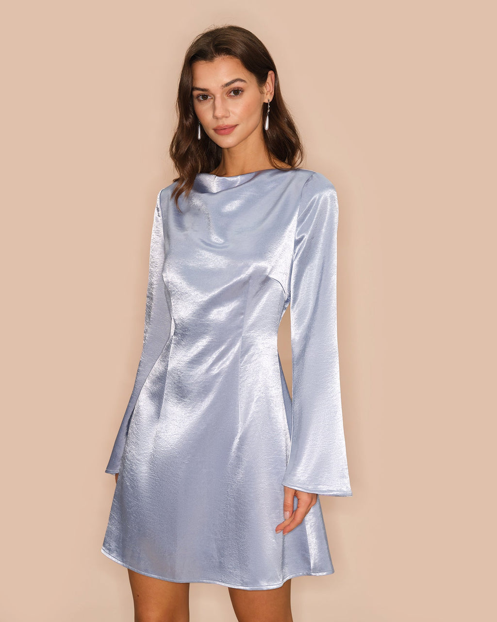 Mini Dress with Blue Bell Sleeves in Satin