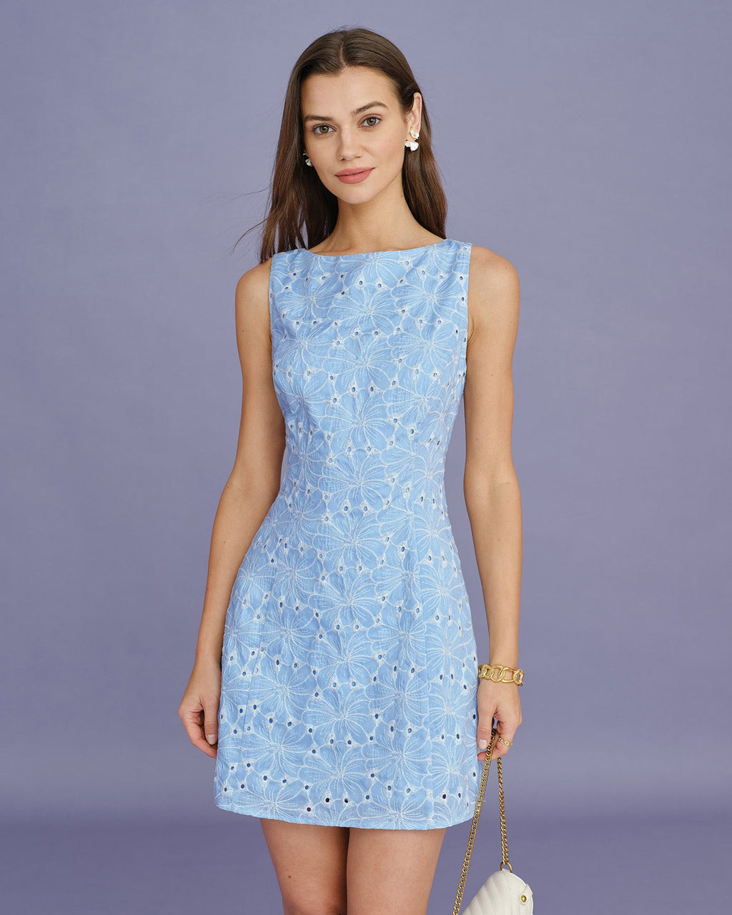 Sleeveless Mini Dress with Blue Embroidery