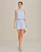Striped Mini Dress with Blue Mock Neck and Tie Detail