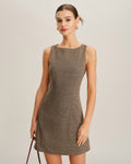 Brown Checkered Sleeveless Mini Dress