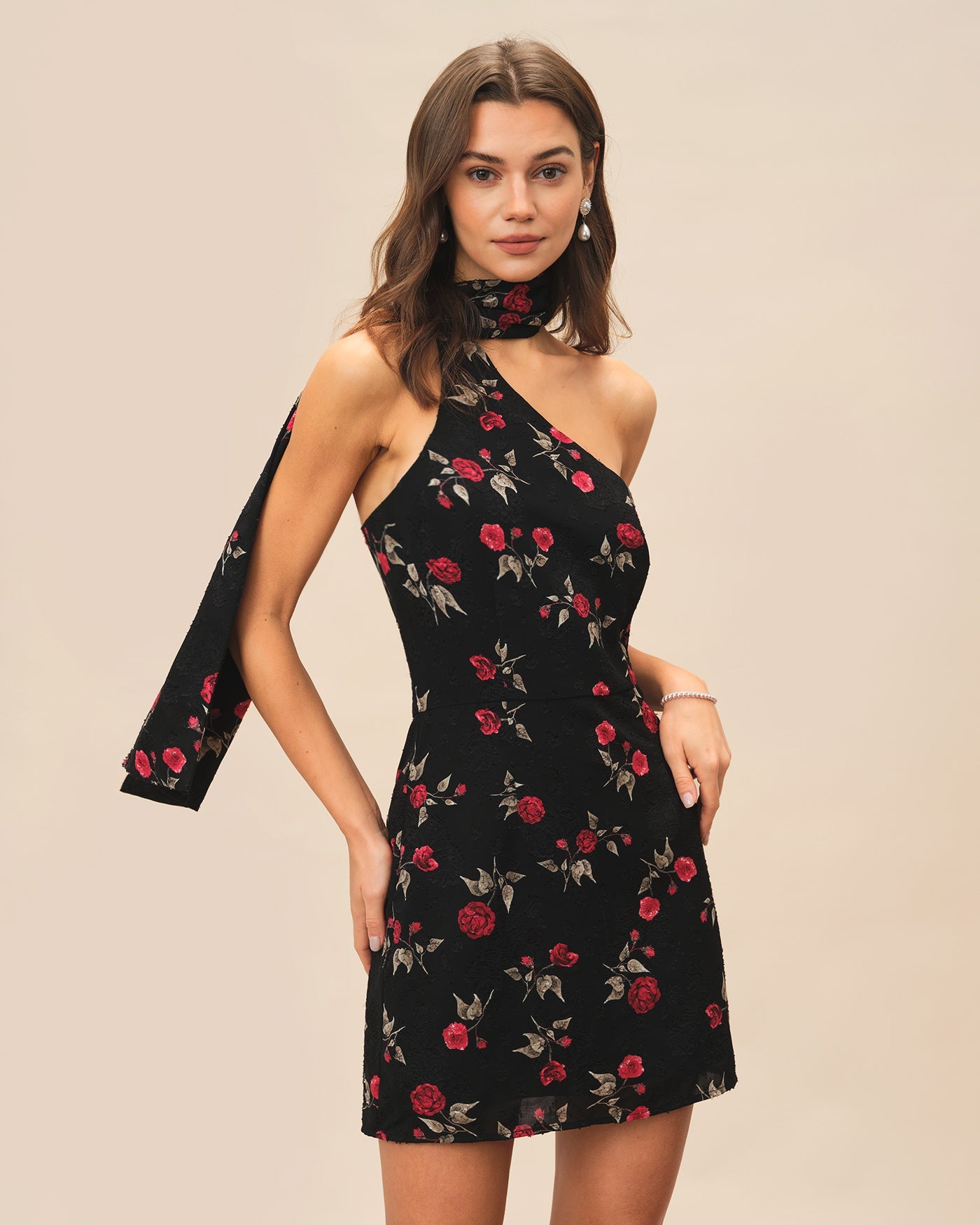 One-Shoulder Mini Dress in Black Jacquard