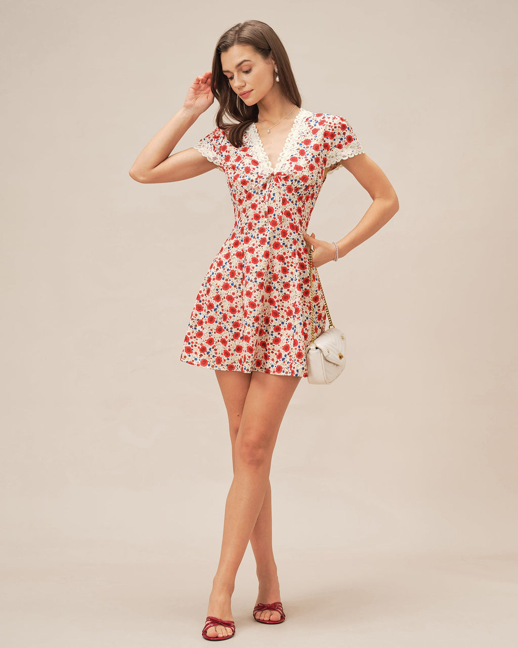 Floral Lace Mini Dress with Red V-Neck