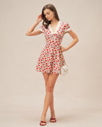 Floral Lace Mini Dress with Red V-Neck