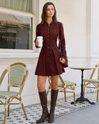 Wine Red Pleated Mini Dress with Button Detail