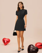 Black Mandarin Collar Mini Dress with Petal Sleeves