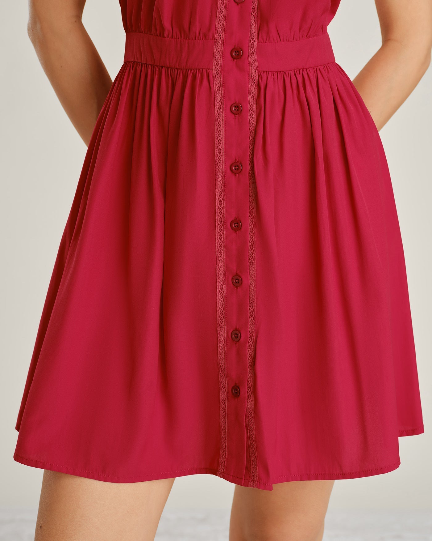 Mini Dress with Lace Button Details and Red Collar