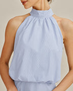 Striped Mini Dress with Blue Mock Neck and Tie Detail