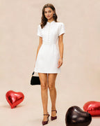 White Mandarin Collar Button-Up Mini Dress