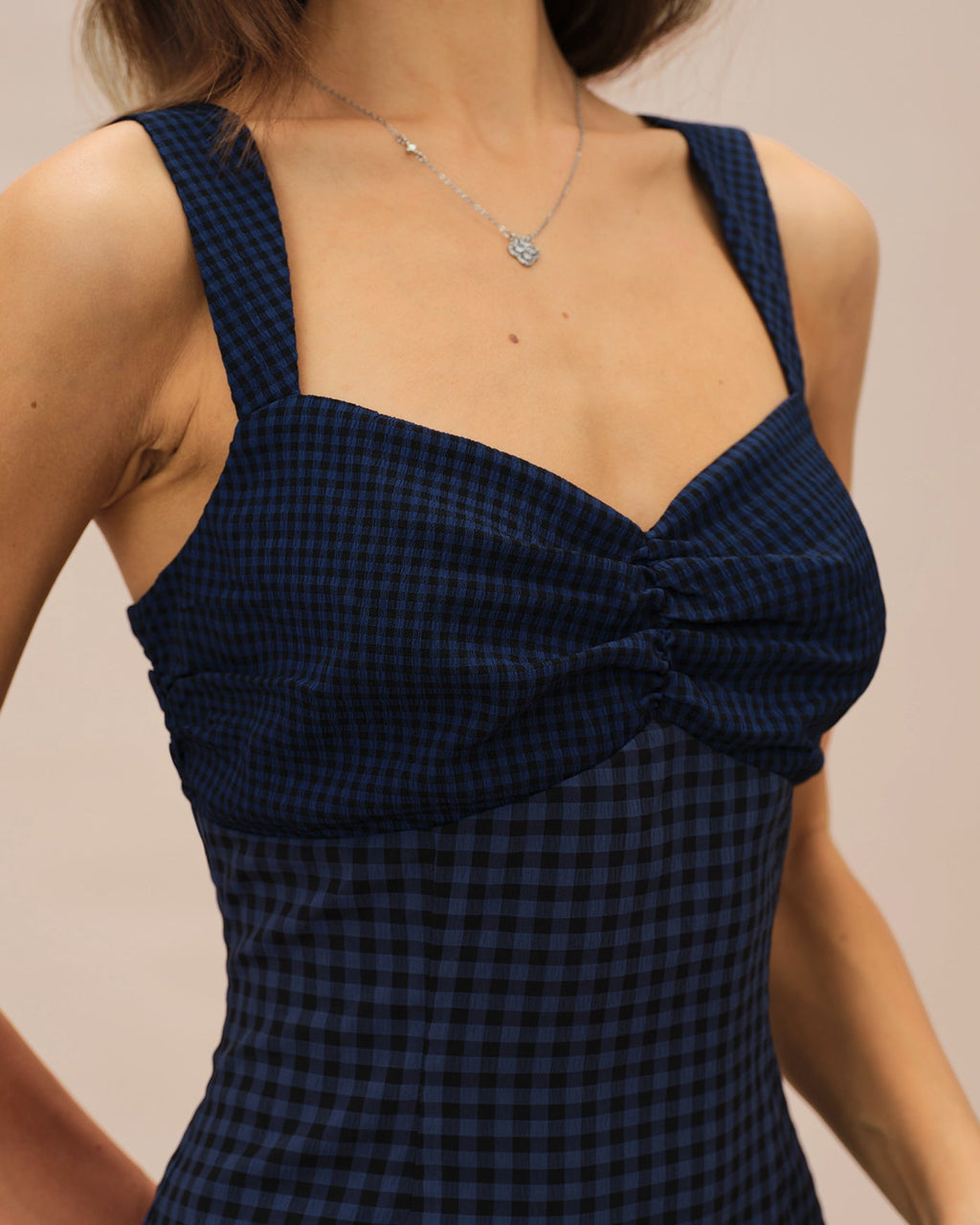 Plaid Mini Dress with Blue Sweetheart Neckline