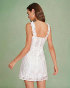 White Jacquard Mini Dress with Sweetheart Neckline