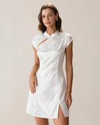 White Jacquard Mini Dress with Mandarin Collar