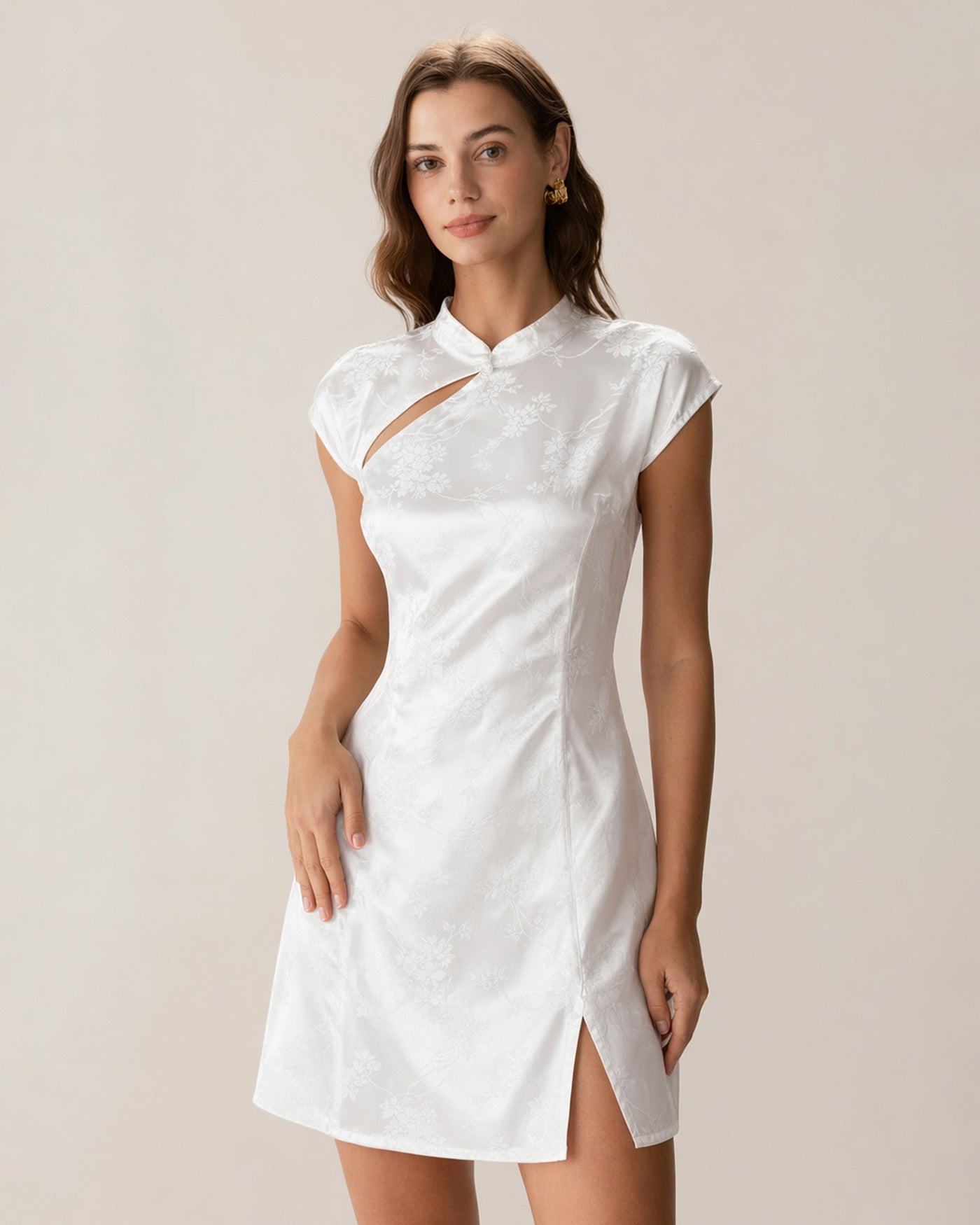 White Jacquard Mini Dress with Mandarin Collar
