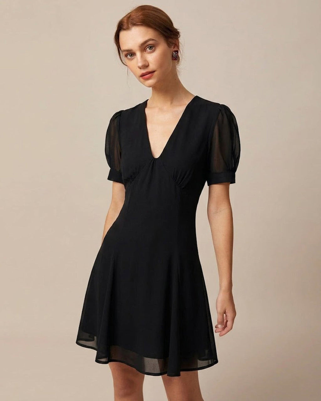 Black Mini Dress with V-Neck and Puffed Sleeves