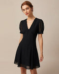 Black Mini Dress with V-Neck and Puffed Sleeves