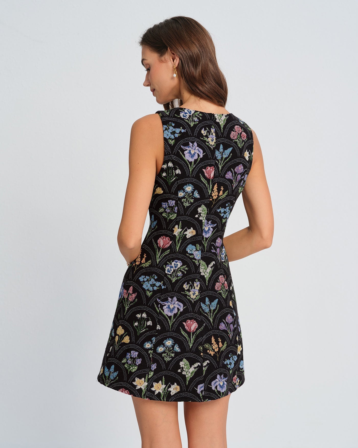 Floral Print Black Boat Neck Mini Dress