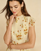 Floral Mini Dress in Soft Yellow with Turtle Print