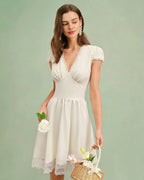 Apricot V-Neck Mini Dress with Lace Accents