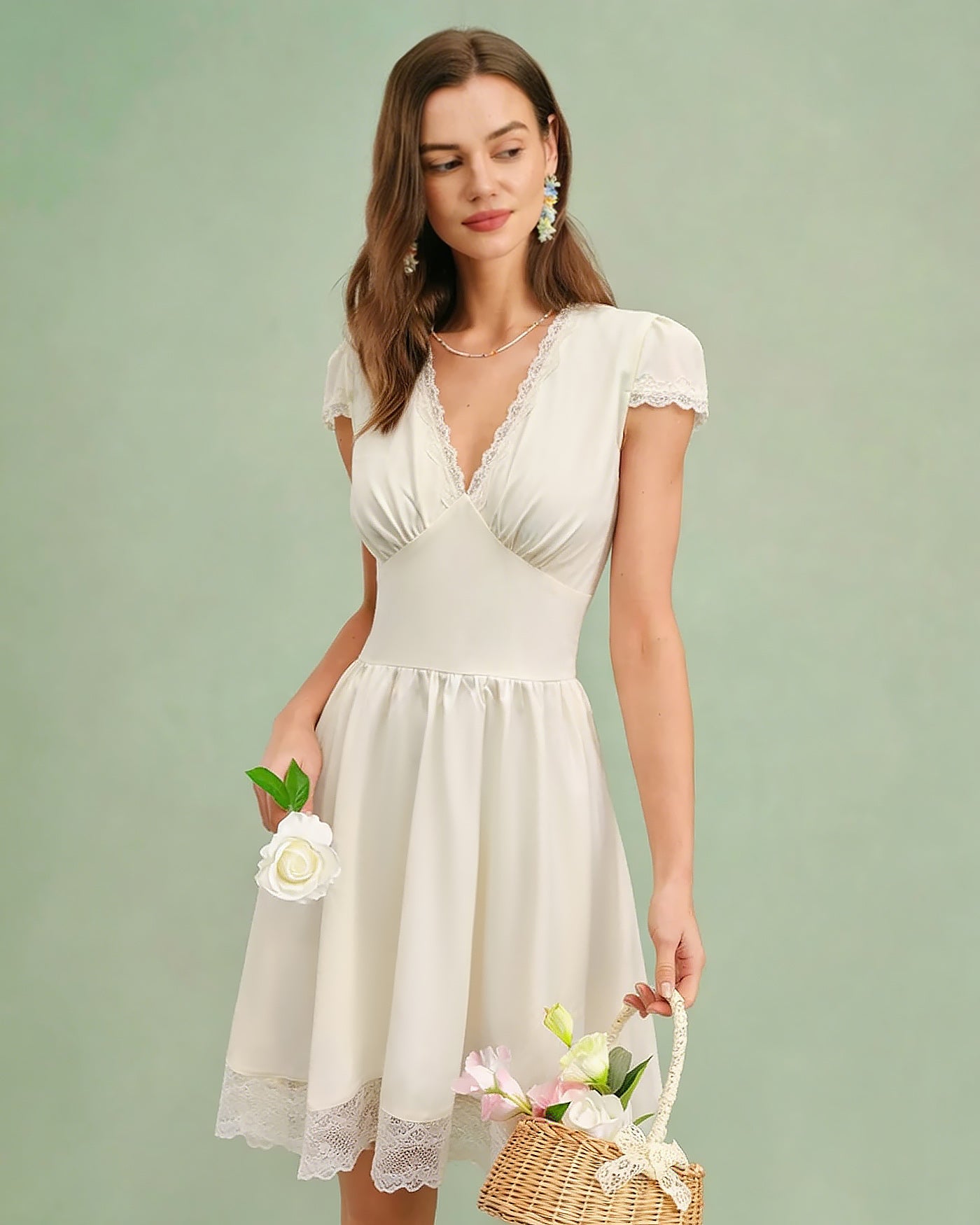 Apricot V-Neck Mini Dress with Lace Accents