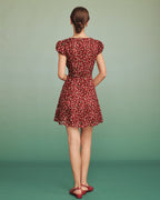 Red Jacquard V-Neck Mini Tunic Dress