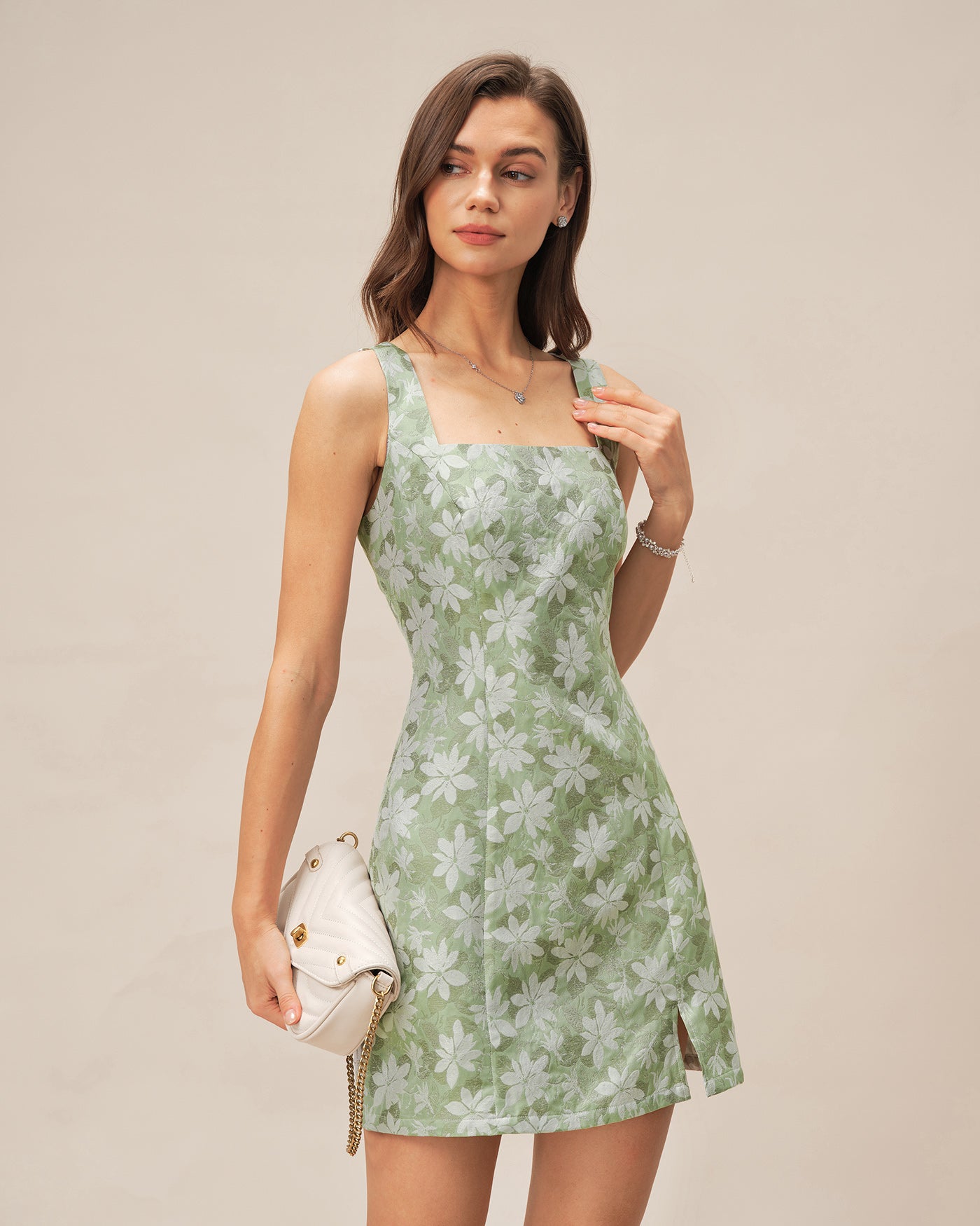 Floral Mini Dress with Green Square Neck and Slit Detail