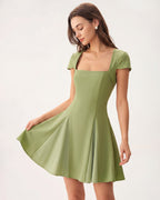 Green Square Neck Color-Block Mini Dress