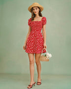 Floral Mini Dress with Red Square Neck