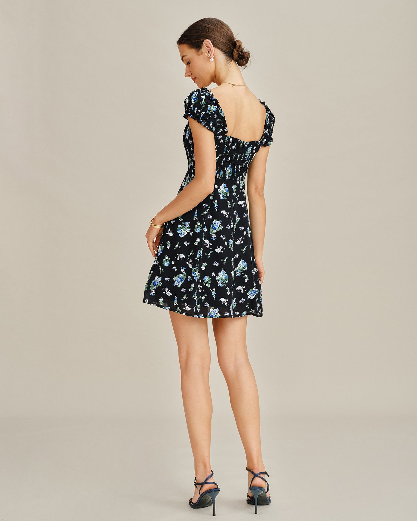 Floral Print Black V-Neck Mini Tunic Dress
