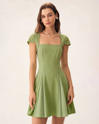Green Square Neck Color-Block Mini Dress
