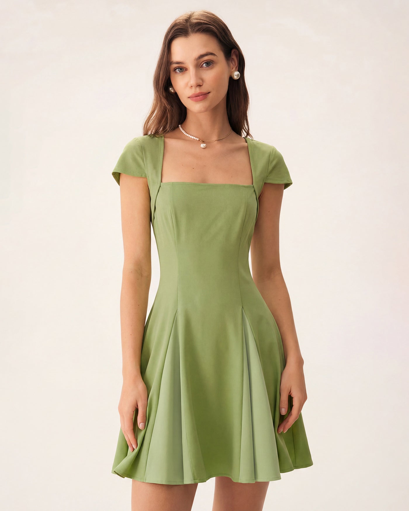 Green Square Neck Color-Block Mini Dress