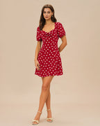 Polka Dot Mini Dress with Red Puffed Sleeves
