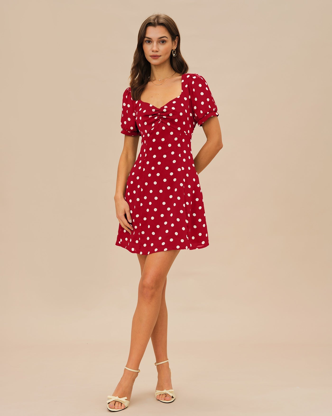 Polka Dot Mini Dress with Red Puffed Sleeves