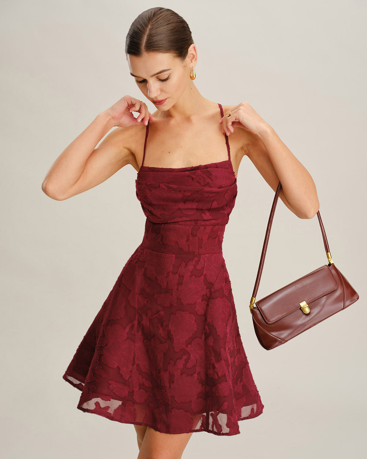 Backless Mini Dress in Wine Red with Floral Design