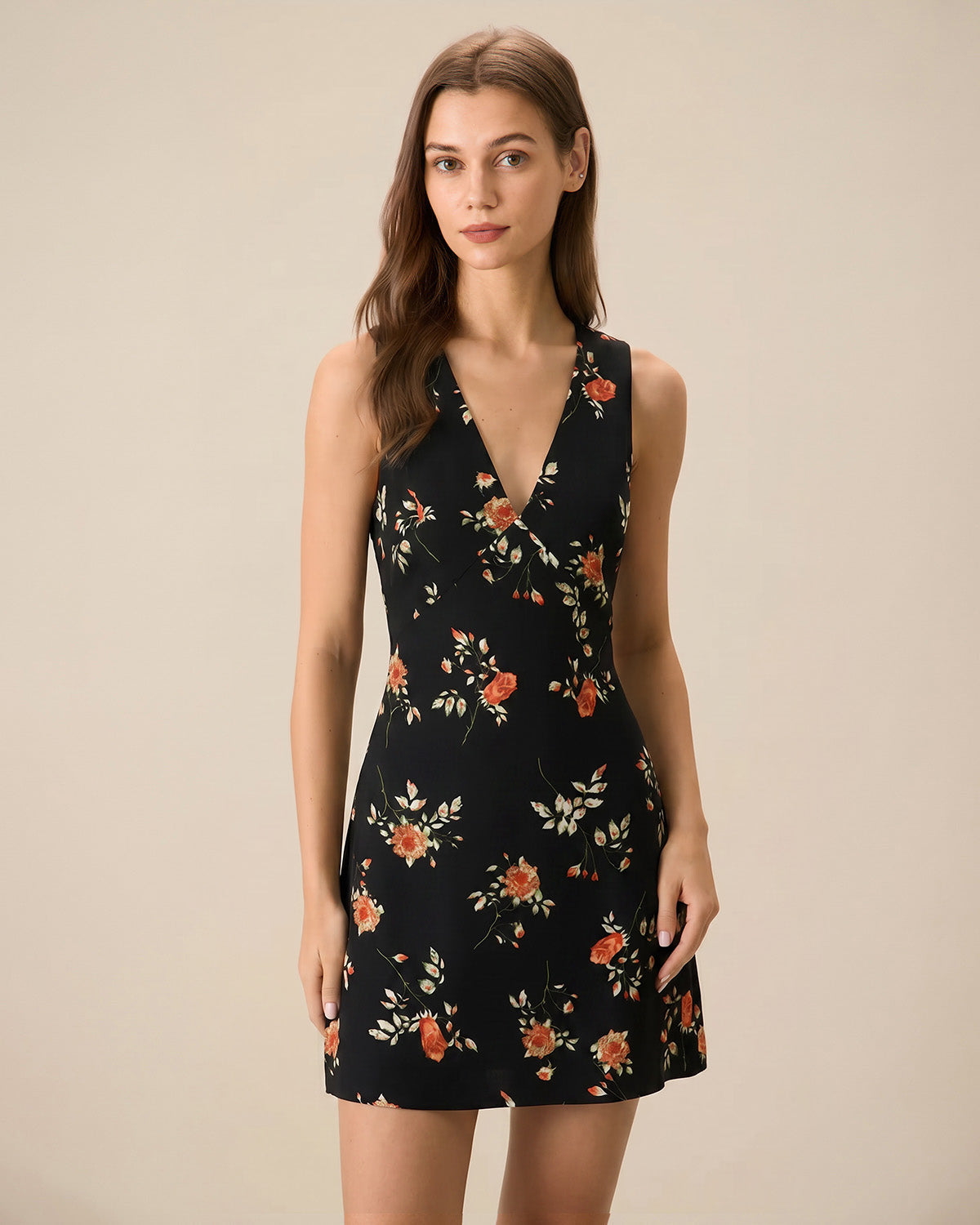 Floral A-Line Mini Dress in Black with V-Neck