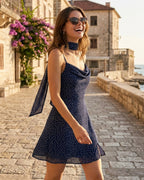 Navy Chiffon Mini Dress with Polka Dot Print