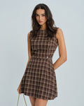 Brown Plaid Mini Dress with Sleeveless Design