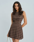 Brown Plaid Mini Dress with Sleeveless Design
