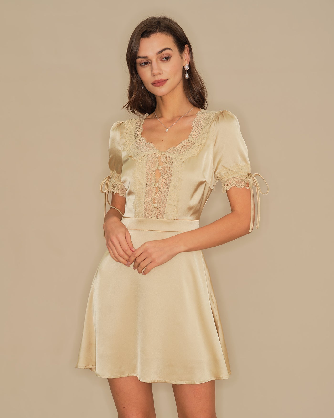 Apricot Lace Satin Mini Dress with V-Neck