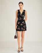 Floral A-Line Mini Dress in Black with V-Neck