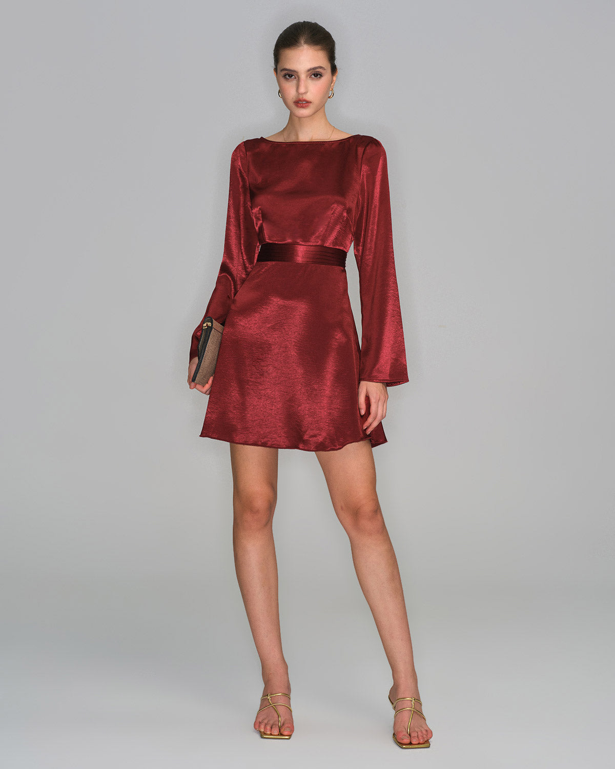 Wine Red Satin Mini Dress with Bell Sleeves