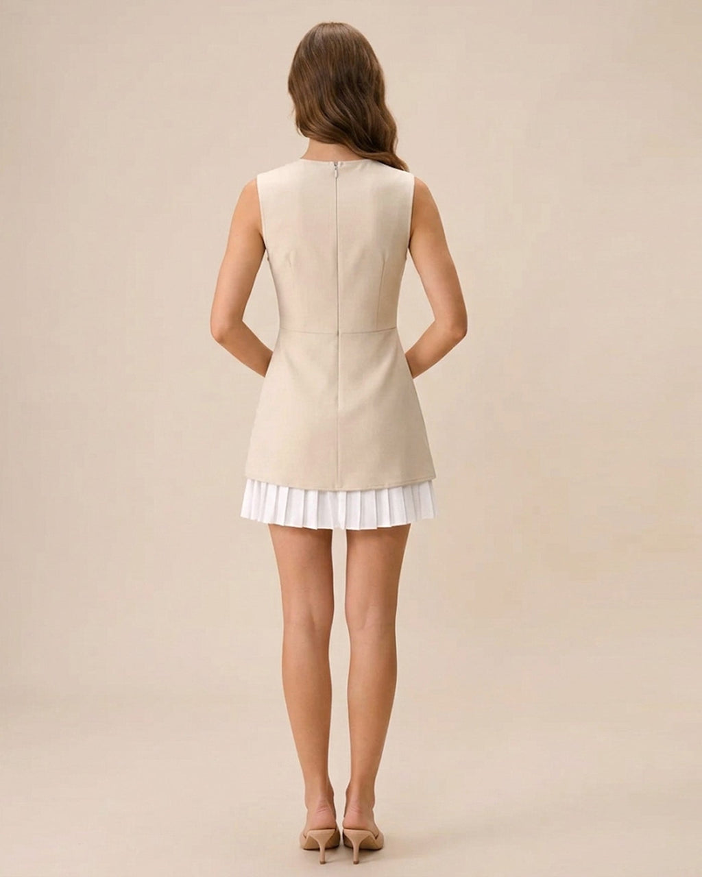 Women's Pleated Mini Dress with Apricot Color Block Design