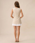 Women's Pleated Mini Dress with Apricot Color Block Design