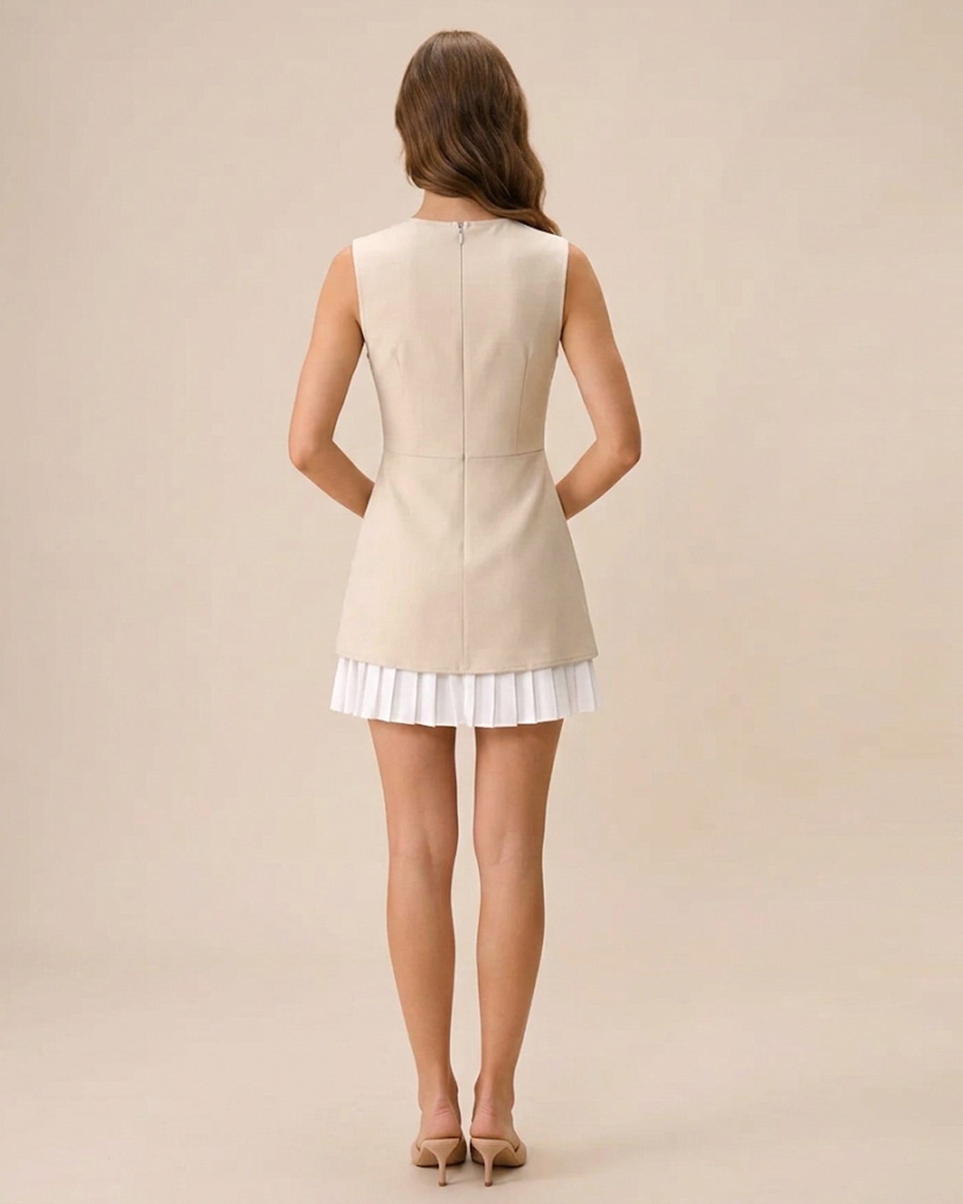 Women's Pleated Mini Dress with Apricot Color Block Design