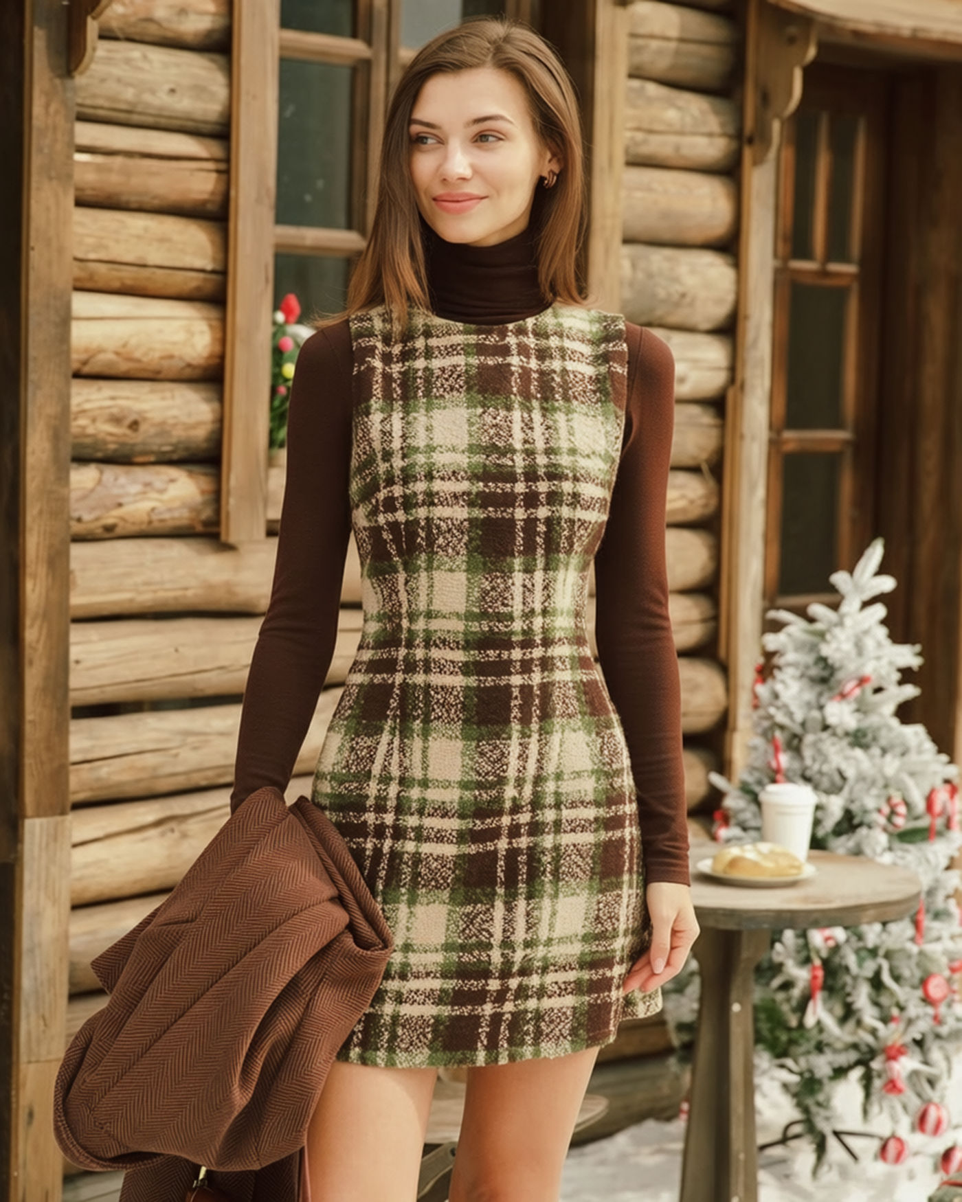 Plaid Sleeveless Mini Dress with Round Neck